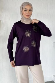 Resim Taşlı Tesettür Anne Penye Bluz Mor TZL-P-00021462 