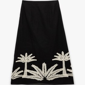 Resim Koton Pamuklu Nakış Detaylı Palmiye Desenli A Kesim Midi Etek Siyah Desenli 5sak70076ew Siyah Desenli Siyah 