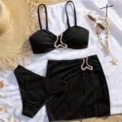 Resim Şık Metal Aksesuarlı Çıkarılabilir Çift Askılı Kadınlar İçin Yarıklı Etekli Plaj Tatili Büzgülü Bikini Üç Parçalı Mayo 