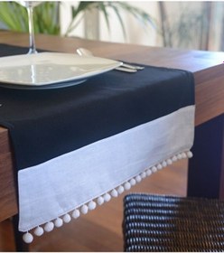 Resim Lacivert Beyaz Ponponlu Keten Runner Renkli 