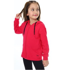 Resim Toontoy Kız Çocuk Kapüşonlu Fermuarlı Cepli Düşük Omuz Nakış Baskılı Örme Hırka - 2 İplik Koyu Fuşya 