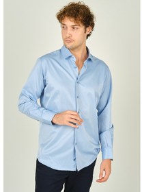 Resim Figs Erkek Slim Fit Uzun Kollu Pamuklu Parlak Kumaş Gömlek 0013 Mavi Mavi 