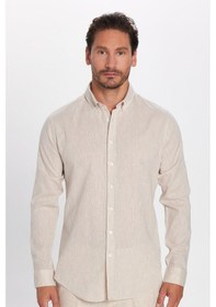 Resim Tudors Erkek Slim Fit Dar Kesim Uzun Kollu Keten Premium Seri Düğmeli Yaka Spor Bej Gömlek-32815 Bej 