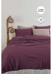 Resim %100 Pamuk Çift Kişilik Müslin Yatak Örtüsü 4 Katlı Yumuşak Battaniye Müslin Pike Takımı 3 Parça Mor Mor 