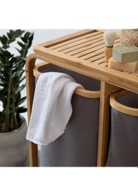 Resim Kirli Çamaşır Sepeti Ahşap - Bambu 3 Organizer Bölmeli Kumaş Çantalı 50x30x70cm 5468 Çok Renkli 