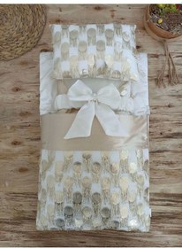 Resim Yenidoğan İzmir İncisi Tül İşlemeli Pamuklu Fiyonklu Kundaklı Lüks 3lü Alt Açma Seti Gold Altın 