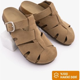 Resim Marjin Kadın Hakiki Deri Önü Kapalı Eva Taban Tokalı Sabo Günlük Süet Terlik Yolis Camel Süet 