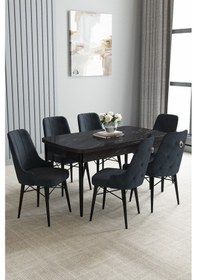 Resim Jusie Siyah Mermer Desen 80x132 Açılabilir Mutfak Masası Takımı 6 Adet Sandalye Antrasit 