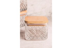 Resim Kare 4'lü Ahşap Kapaklı Cam Kahvaltılık, Çok Amaçlı Çerezlik 230 ml 