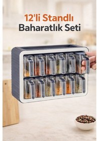 Resim 12li Standlı Kendinden Yapışkanlı Kapaklı Kaşıklı Baharatlık Takımı-kulplu Baharatlık Antrasit Gri 