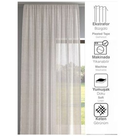 Resim Krem Renk Keten Görünümlü Düz Tül Perde Ütü Istemez Krem 