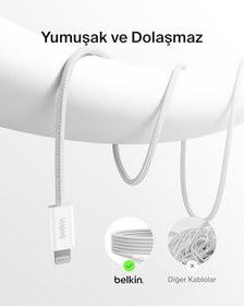 Resim Belkin 2'li Örgülü USB-C - Lightning Kablo, 1,5 m, Yumuşak, Esnek ve Hızlı Şarj Kablosu, iPhone 14 ve Önceki Modeller, 9. Nesil iPad ve AirPods ile Uyumlu, Beyaz 