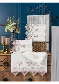 Resim Kadife Lüks Nakışlı Gipürlü Çeyizlik El Havlusu 50x90 6'Lı Paket 