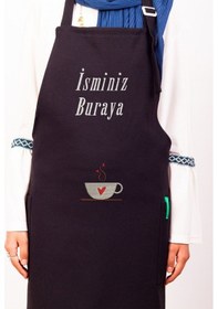 Resim Mutfak Önlüğü Kişiye Ve İsme Özel Nakışlı Mutfak Önlüğü Kalpli Kupa Farklı Renkler Siyah 