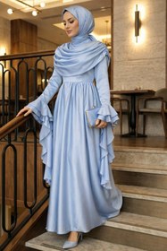 Resim N.S NEVA STYLE Saten Bebek Mavisi Tesettür Abiye Elbise 55461BM 