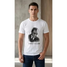 Resim Marsilyan Erkek Atatürk Baskılı Tişört Kısa Kollu Bisiklet Yaka T-Shirt - Beyaz 