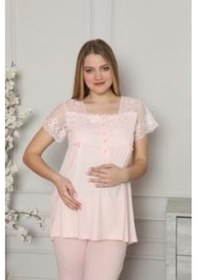 Resim Limissi 2208 Pembe Hamile Lohusa Dantelli Pijama Tk 