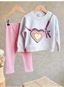 Resim Lolliboomkids Yeni Sezon Süzene Kalp Nakış İşlemeli Esnek Lastik Belli Çantalı Görünümlü 3 İplik Sweatshirt Tayt Alt Üst Takım Pembe Beyaz Pembe - Beyaz 
