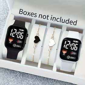 Resim 4 adet Moda Silikon Kayış Elektronik Saat Seti, Kare Kasa, Zarif Kalp Şekilli Bileklik, Mezuniyet, Doğum Günü Hediyeleri, Tatil/Düğün Hediye Verme ve Günlük Giyim Seçenekleri için Uygun 