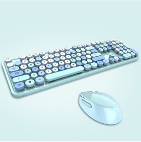 Resim Geeksen Kablosuz Mekanik Klavye Mouse Yuvarlak Kapaklı Klavye Ofis Masaüstü Klavye Ve Mouse Seti Mavi 