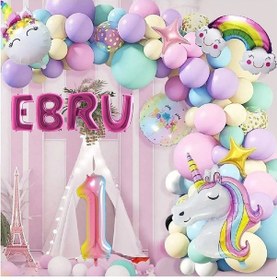 Resim 4 Harfli Yaş Seçenekli Gökkuşağı Konseptli Unicorn Temalı Makaron Balon Doğum Günü Parti Kutlama Seti 7 