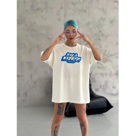 Resim Beruflic Bisiklet Yaka Baskılı Oversize T-Shirt - Beyaz 