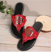 Resim Kırmızı Kadın Toka Dekor Parmak Arası Terlik, Moda Yaz Plaj Düz Slayt Ayakkabı, Rahat Açık Slayt Sandalet Kırmızı 