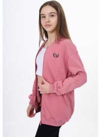 Resim Toontoy Kız Çocuk Kolej Yaka Fermuarlı Cepli Düşük Omuz Baskılı Örme Hırka - 2 İplik Şardonlu Gül Kurusu 