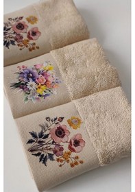 Resim 3'lü Çiçek Baskılı Havlu Takımı - Bej Renk Bambu El Havlusu Seti - Yumuşak & Süper Emici - 30x50 Cm Bej Bej 