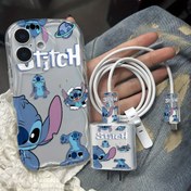 Resim Beş sevimli Disney Stitch Alien karakter tasarımlarını içeren bir set, veri kablosu koruyucuları ve hızlı şarj adaptörü kapakları dahil, for iphone modelleri için uyumlu, 11'den 16'ya kadar, dalgalı şeffaf bir sınır ile. 