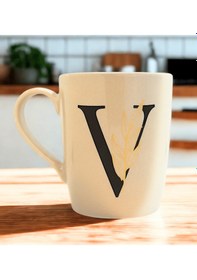 Resim V Harfi Çiçek Desenli Porselen Kupa Bej 