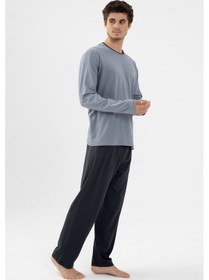 Resim Erkek Pamuklu Double Yaka Uzun Kollu Cep Detaylı Pijama Takımı Ko60112 Gri 