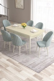 Resim Canisa Roz Serisi 80x132 Mdf Açılabilir Krem Masa Takımı Ve Gold Halkalı 6 Kahverengi Sandalye 