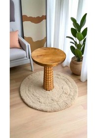 Resim Tekli Masif Ahşap Yan Sehpa Tik Renk Doğal Mantar Model Sehpa Tik Ağacı 