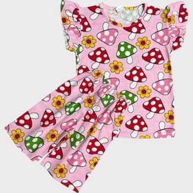 Resim Aliş Kids Kız Çocuk Pamuklu Pembe Mantar Desenli Kısa Kollu Kolları Fırfırlı Şortlu Yazlık Pijama Takımı 