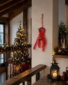 Resim El Yapımı Kırmızı Yeşil Düş Kapanı, 40cm Noel Yılbaşı Süsü, Tüylü Dekoratif Dreamcatcher, Düğün Kına Nikah Süslemesi 1 Adet 