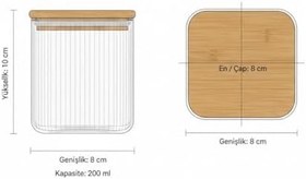 Resim Bambu Kapaklı 200 ml Kare Cam Kavanoz - Çizgili Şeffaf Tasarım, Sızdırmaz Silikon Contalı Saklama Kabı 