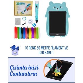 Resim Mavi 3D Kalem & Mavi Tavşan Grafik Panda Tablet Seti – 50 Metre Filament ve USB Kablo 