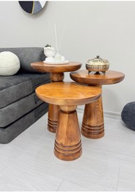 Resim AYLESA Doğal Ahşap 3’lü Set Mantar Yan Sehpa Modern Açık Ceviz Renk Fiskos Zigon Çiçeklik 