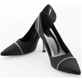 Resim Kadın Taşlı Şeritli Sivri Burun Stiletto - Siyah Siyah Saten 