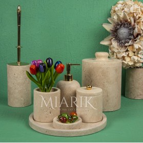 Resim MIARIK DESIGN & DEKORASYON Dekoratif Traverten Mermer Banyo Seti Takımı 7 Li Aksesuar Detaylı Tasarım Set 