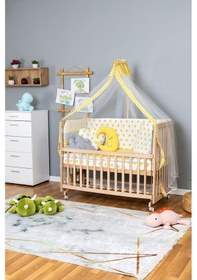 Resim Ahşap Beşik Anne Yanı Beşik Organik 60x120 - Sarı Yıldız 3 Yastıklı Uyku Seti + Yataklı + Tekerlekli Ahşap 