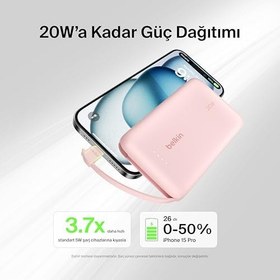 Resim Belkin BoostCharge Power Bank, Entegre Kablolu Taşınabilir Şarj Cihazı 10K PD 20W - USB-C Güç Dağıtımı, iPhone Power Bank iPhone 17 Serisi, iPad Pro, Galaxy S25 ve Daha Fazlası için Hızlı Şarj 