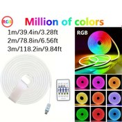 Resim RGB Neon Lambası 5M/196.85 İnç, Silikon Esnek Silikon Neon LED Şerit, Uzaktan Kumanda ve Uygulama Kontrolü ile, Müzikle Senkronize Renk Değiştirebilir ve Parlaklığı Düzenli Olarak Ayarlayabilir, Kurulumu Çok Pratikdir. 5V LED Şerit Neon Halat Lambası, Yatak Odası Dekorasyonu, Oda ve Dış Mekan Dekorasyonu için Uygun. 