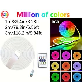 Resim RGB Neon Lambası 5M/196.85 İnç, Silikon Esnek Silikon Neon LED Şerit, Uzaktan Kumanda ve Uygulama Kontrolü ile, Müzikle Senkronize Renk Değiştirebilir ve Parlaklığı Düzenli Olarak Ayarlayabilir, Kurulumu Çok Pratikdir. 5V LED Şerit Neon Halat Lambası, Yatak Odası Dekorasyonu, Oda ve Dış Mekan Dekorasyonu için Uygun. 