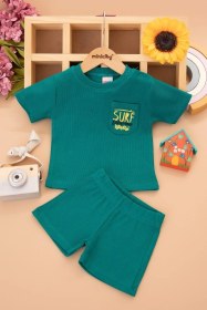 Resim Erkek Bebek Dar Kalıp Ribana Kumaş Cepli Surf Yazılı Şortlu Takım -25143 Yeşil 