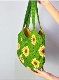 Resim El Örgüsü Astarlı Ay Çiçeği Kadın Çanta 32x32 Cm Renkli 