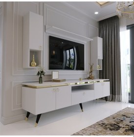 Resim Modern Tv Sehpası Gold Üçgen Kulp Kepli G9025-1 Beyaz 35 Cm Derinlik 