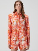 Resim Melis Kaptanoğlu Kids Turuncu Çiçekli Keten Uzun Kollu Kadın Gömlek 