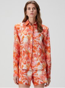 Resim Melis Kaptanoğlu Kids Turuncu Çiçekli Keten Uzun Kollu Kadın Gömlek 